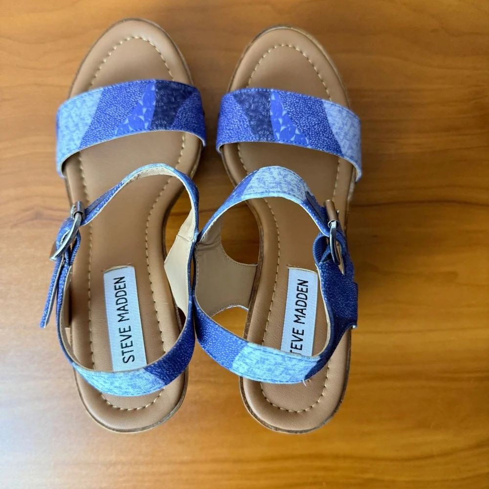 Steve Madden Womens Blue Patchwork Denim Platform Block Heel Sandals Size 6M